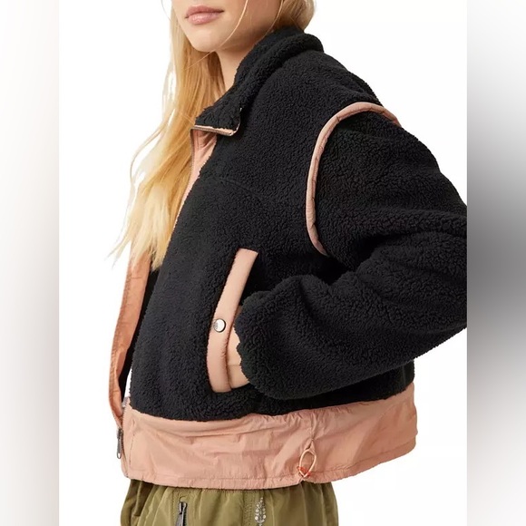 NWT Free People FP Movement Courtside Fleece Jacket in Black & Peach Bark Combo - Picture 8 of 14